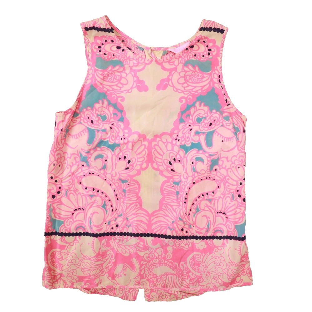 Lilly Pulitzer Iona Silk Shell Tank Top Pink Paisley Elephant Shells size Medium